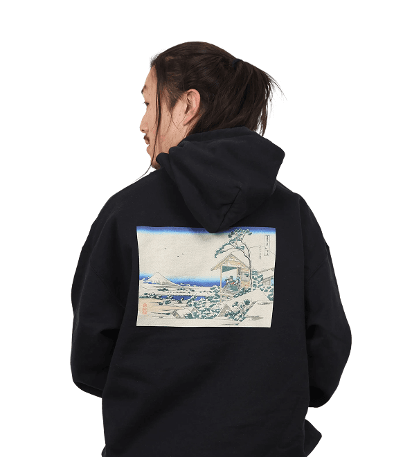 Person wearing black hoodie with Japanese ukiyo-e print